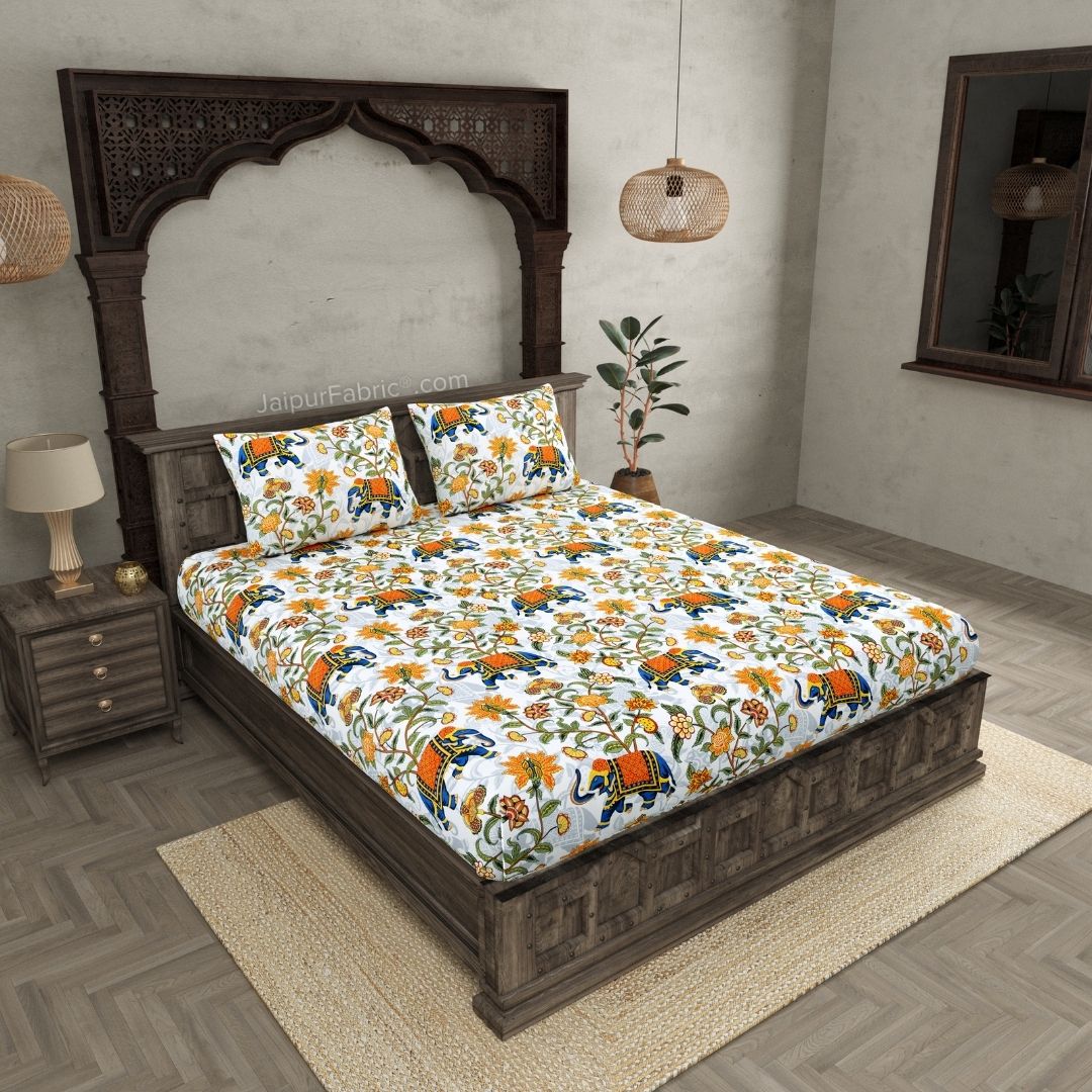 Royal Blue Elephant Garden Queen Size Bedsheet