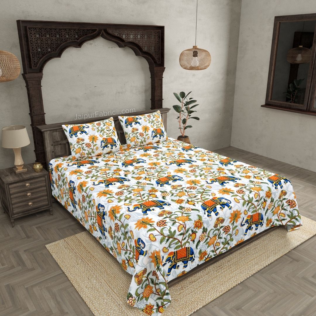 Royal Blue Elephant Garden Queen Size Bedsheet