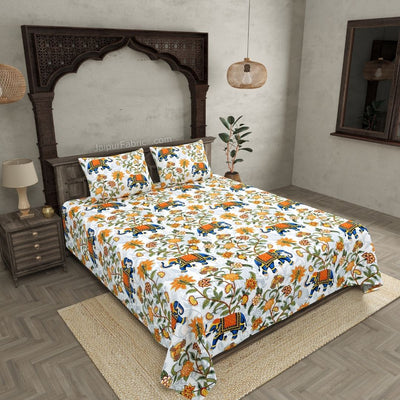 Royal Blue Elephant Garden Queen Size Bedsheet