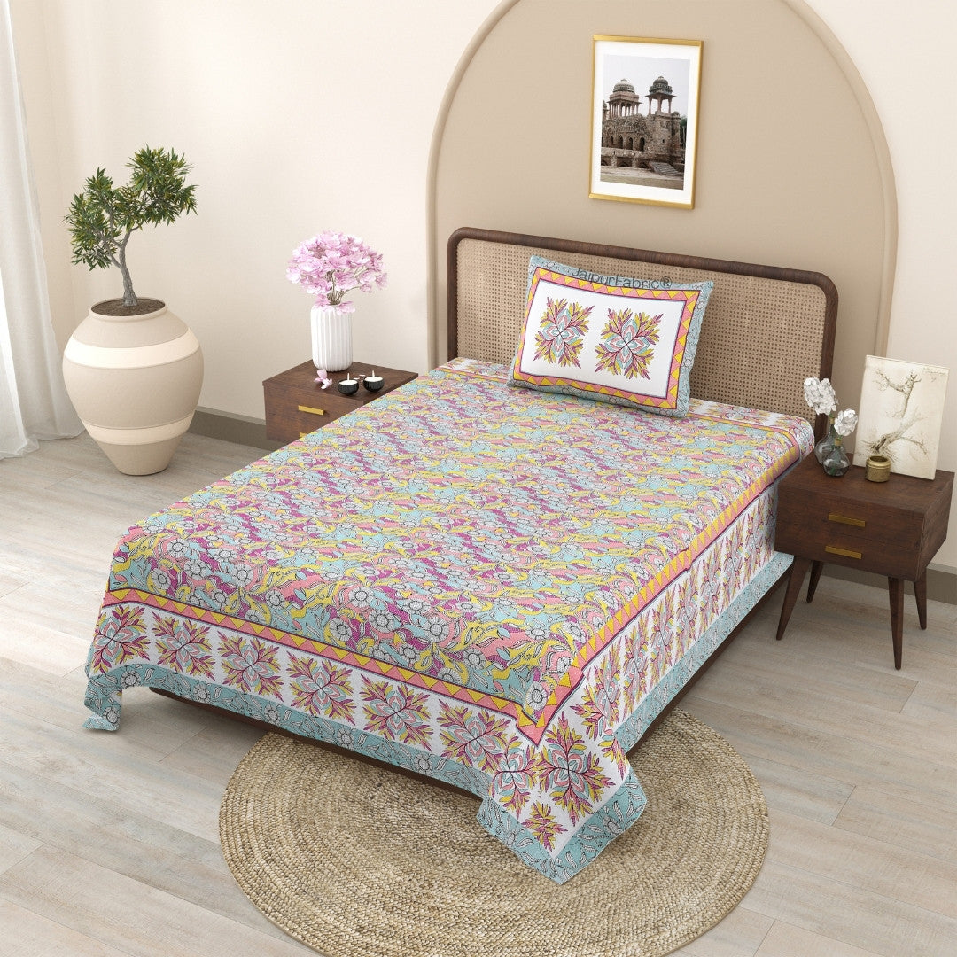 Amber Gold & Summer Lotus 240 TC Pure Cottong Single Bedsheet Combo