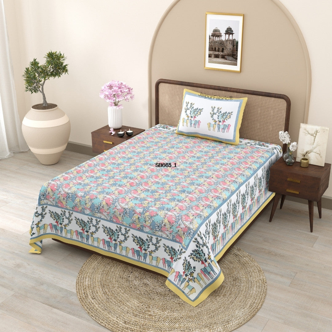 Indigo Bloom & Marigold Mirage 240 TC Pure Cottong Single Bedsheet Combo