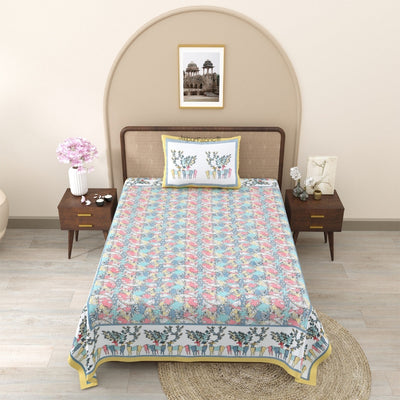 Indigo Bloom & Marigold Mirage 240 TC Pure Cottong Single Bedsheet Combo