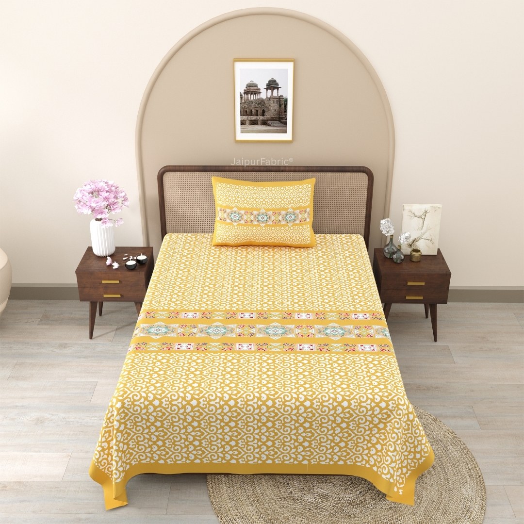 Yellow Ethnic Pure Cotton Single BedSheet