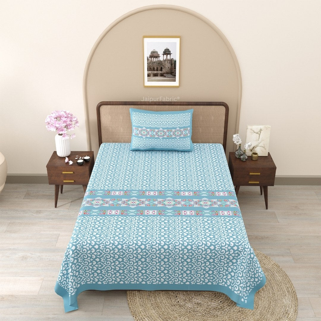 Blue Ethnic Pure Cotton Single BedSheet