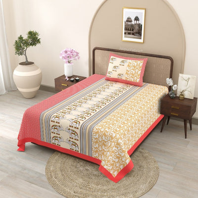 Pinkish Green Traditional Floral Pure Cotton Single BedSheet