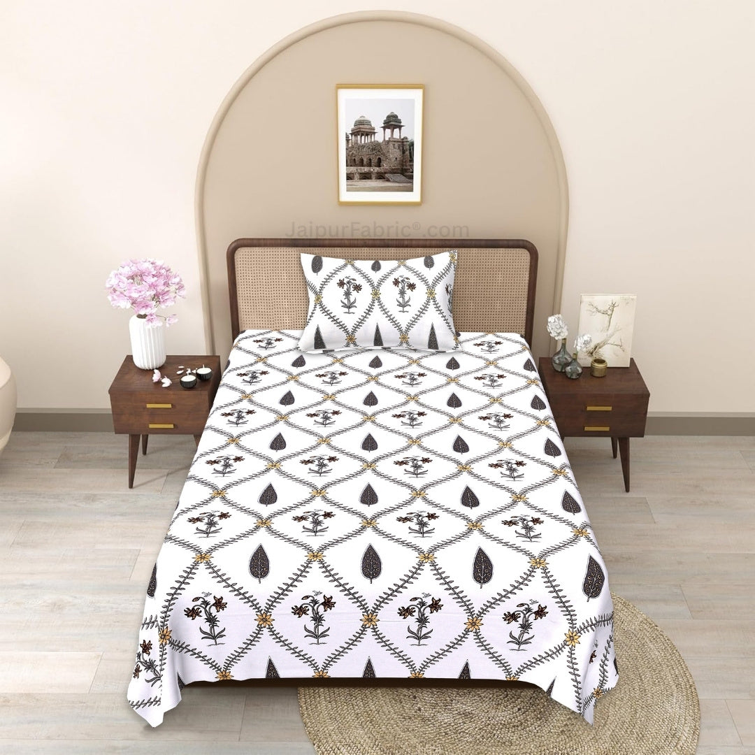 Charcoal Vine Lattice Block Print Single Bedsheet