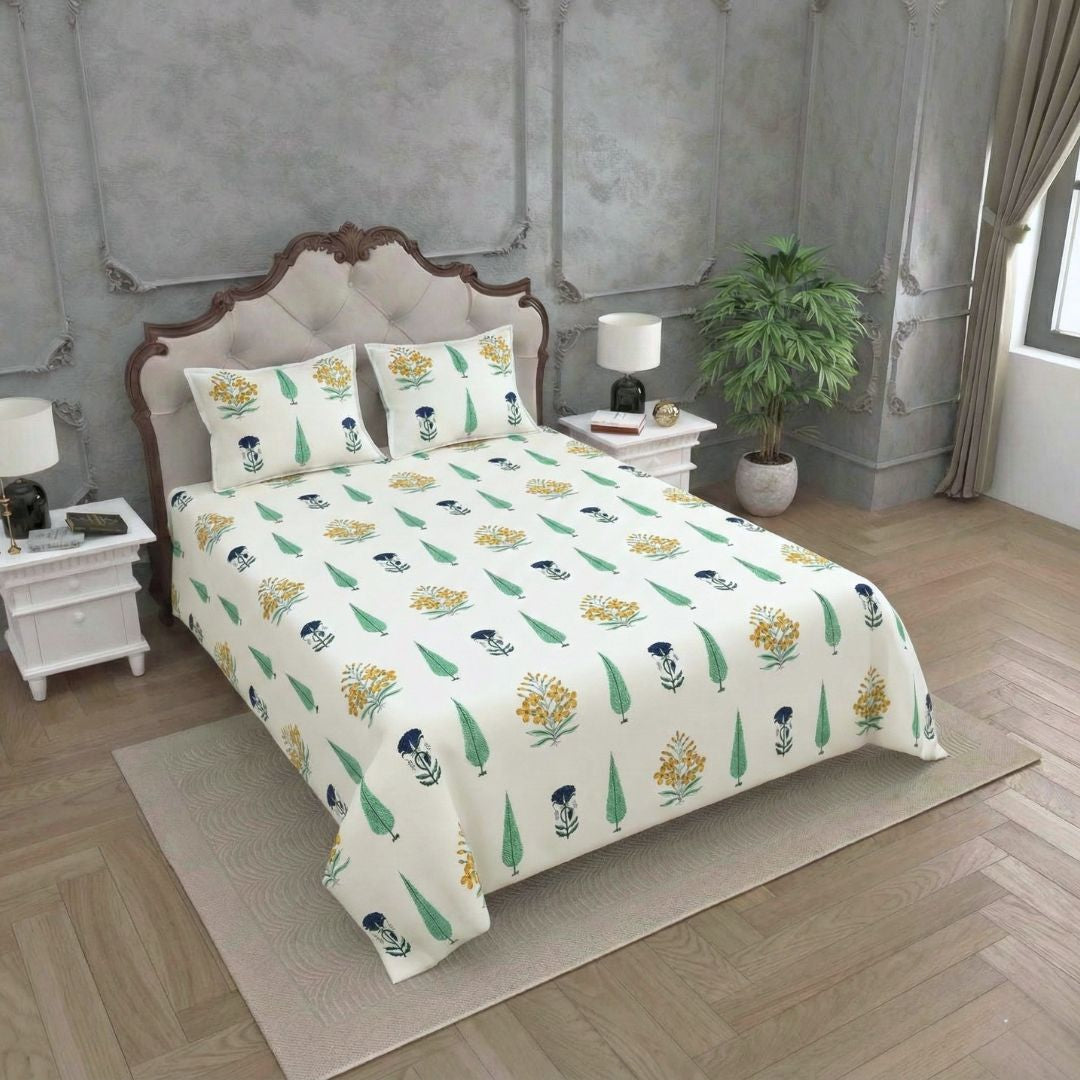 Vintage Flora Hand Block 100% Cotton Premium Bedsheet