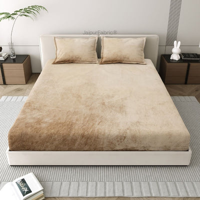 Luxurious Beige Super Soft Velvet Double Bedsheet with Matching Pillow Covers