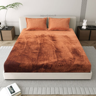Rich Rust Super Soft Velvet Double Bedsheet with Matching Pillow Covers