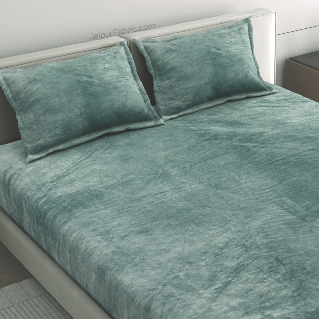 Serene Dark Green Soft Woolen Double Bedsheet with Matching Pillow Covers