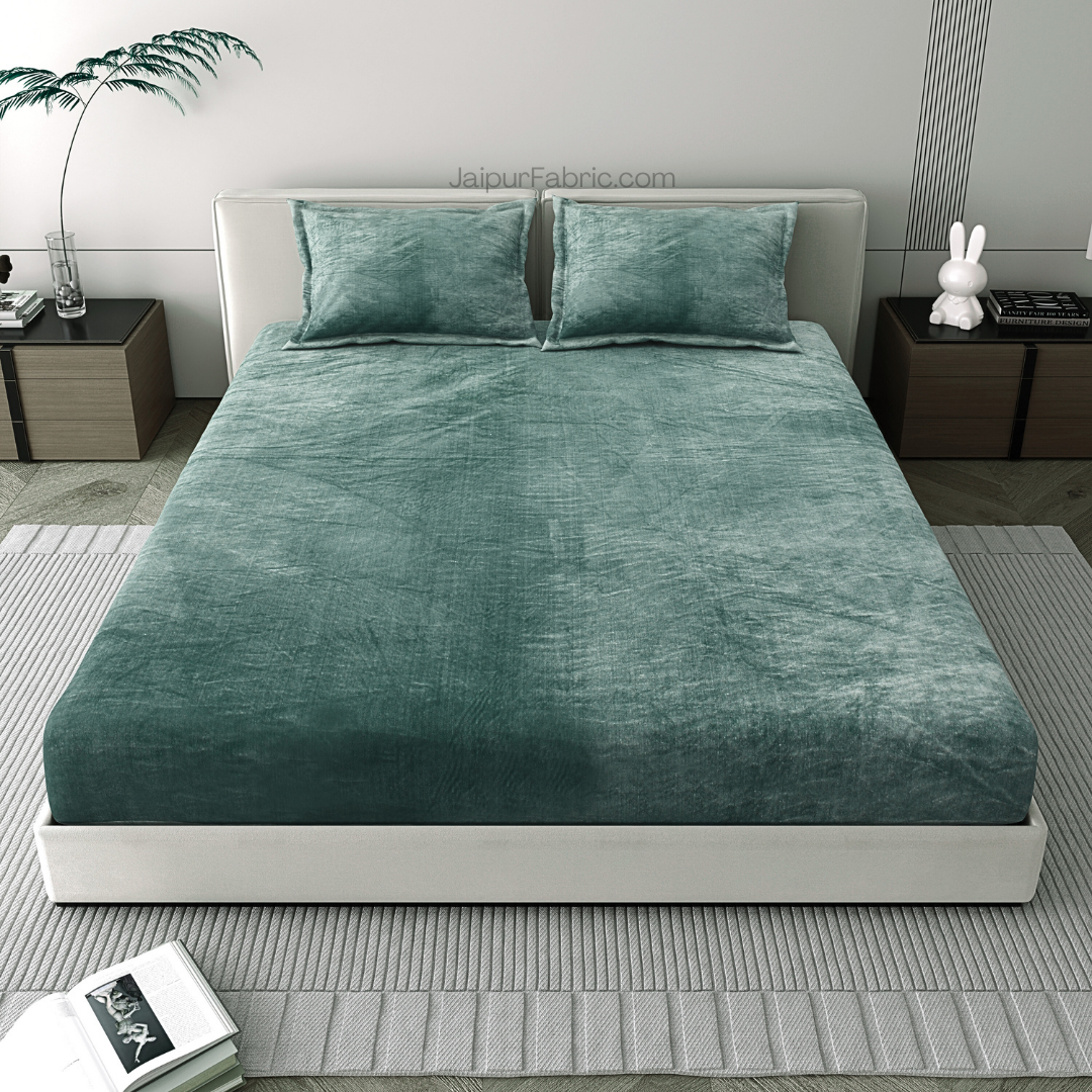Serene Dark Green Soft Woolen Double Bedsheet with Matching Pillow Covers