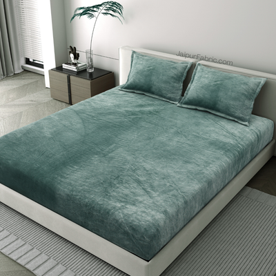 Serene Dark Green Super Soft Velvet Double Bedsheet with Matching Pillow Covers