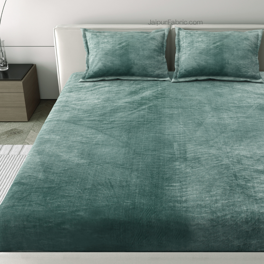 Serene Dark Green Soft Woolen Double Bedsheet with Matching Pillow Covers