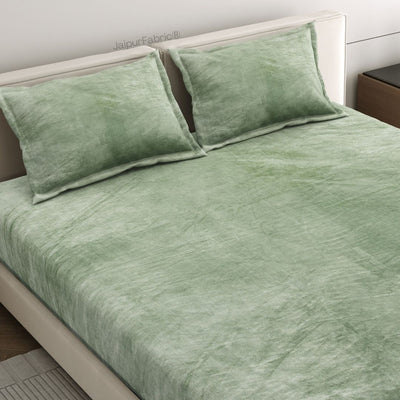 Serene Sage Green Super Soft Velvet Double Bedsheet with Matching Pillow Covers