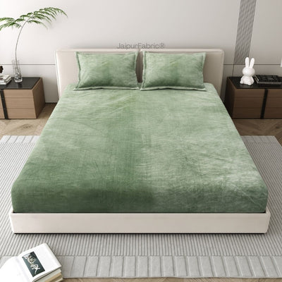 Serene Sage Green Super Soft Velvet Double Bedsheet with Matching Pillow Covers