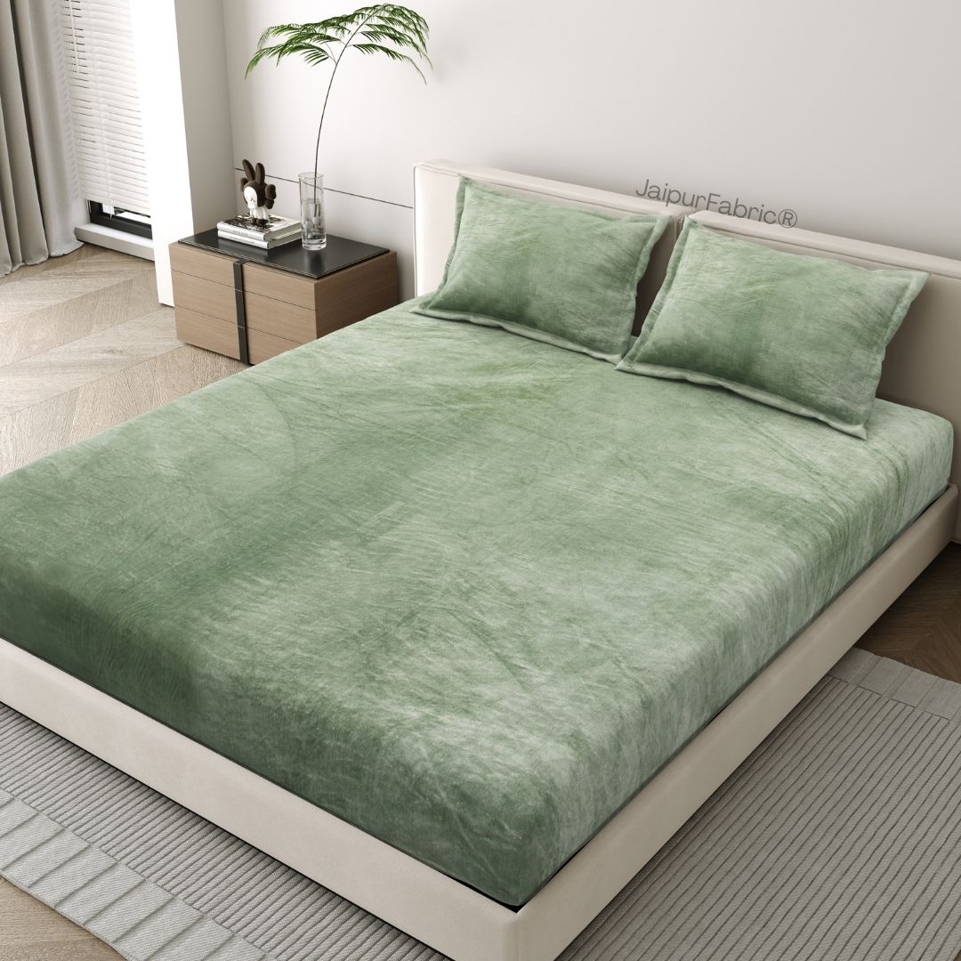Serene Sage Green Soft Woolen Double Bedsheet with Matching Pillow Covers