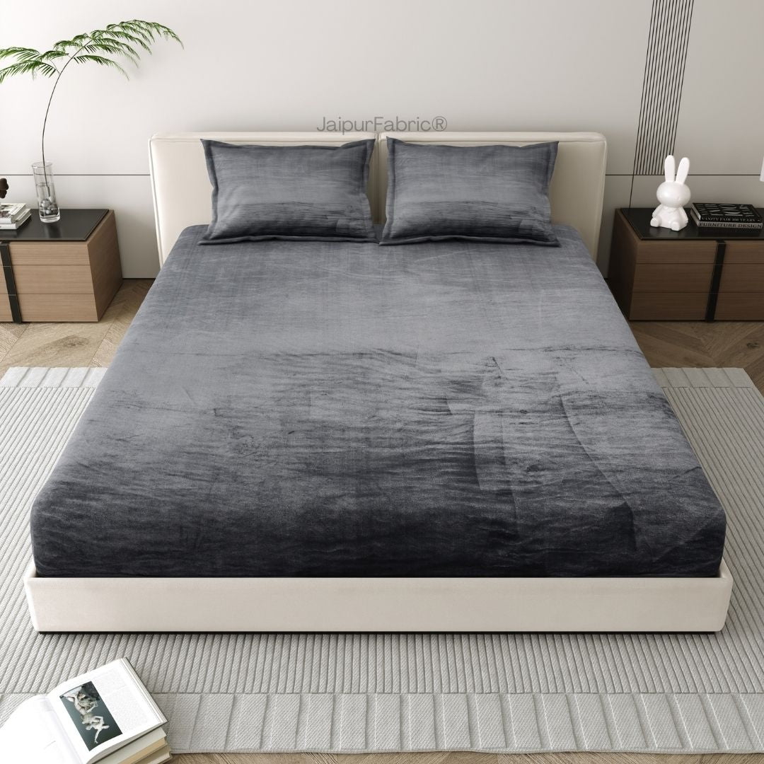 Modern Charcoal Gray Soft Woolen Double Bedsheet with Matching Pillow Covers