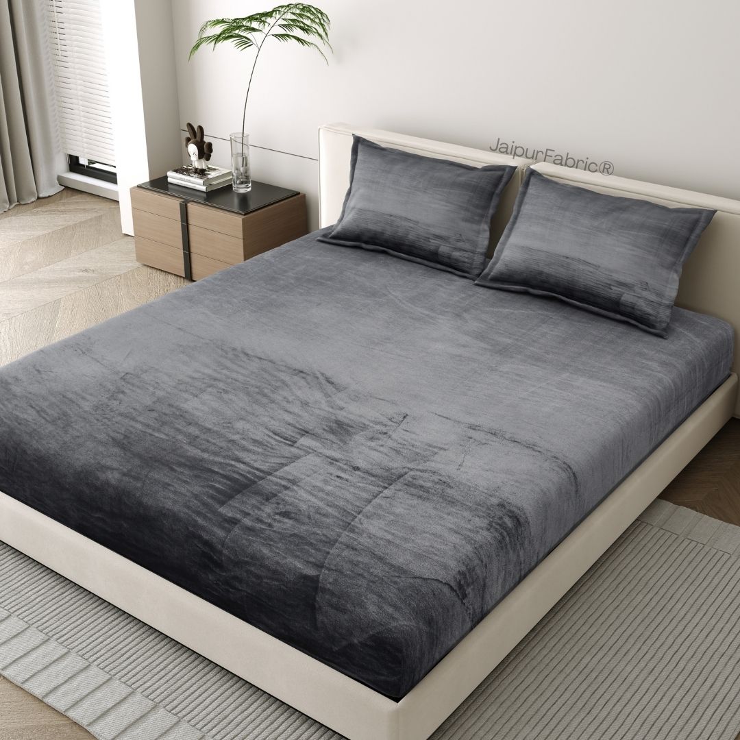 Modern Charcoal Gray Soft Woolen Double Bedsheet with Matching Pillow Covers