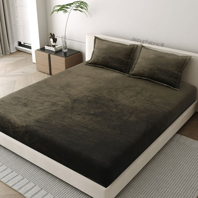 Deep Olive Green Super Soft Velvet Double Bedsheet with Matching Pillow Covers