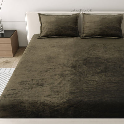 Deep Olive Green Super Soft Velvet Double Bedsheet with Matching Pillow Covers