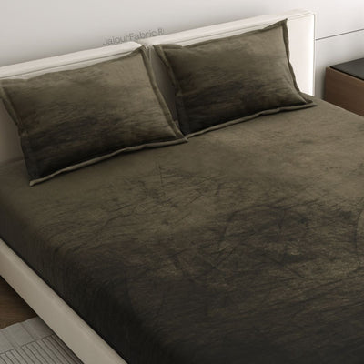 Deep Olive Green Super Soft Velvet Double Bedsheet with Matching Pillow Covers
