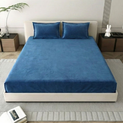 Royal Blue Super Soft Velvet Double Bedsheet with Matching Pillow Covers