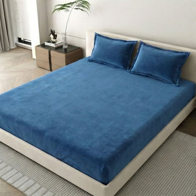Royal Blue Super Soft Velvet Double Bedsheet with Matching Pillow Covers