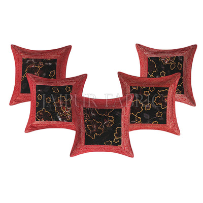 Brown Base Gota Work Red Border Floral Print Velvet Cushion Cover