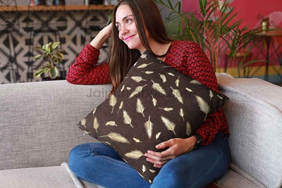 Coffee Gold Feather Leaf Print Cushion Cover