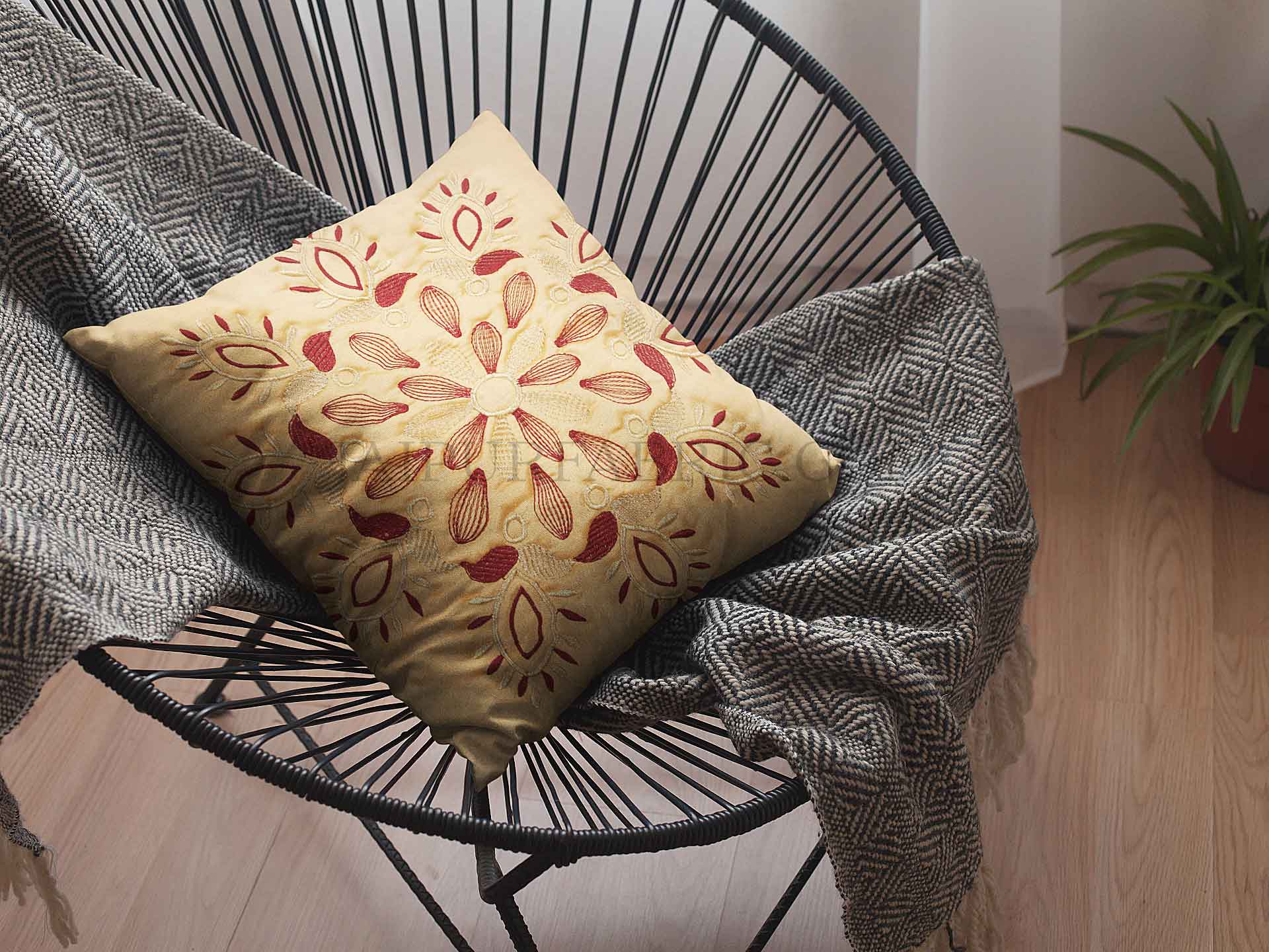 Mustard Color Vintage Floral Embroidery Cotton Cushion Cover