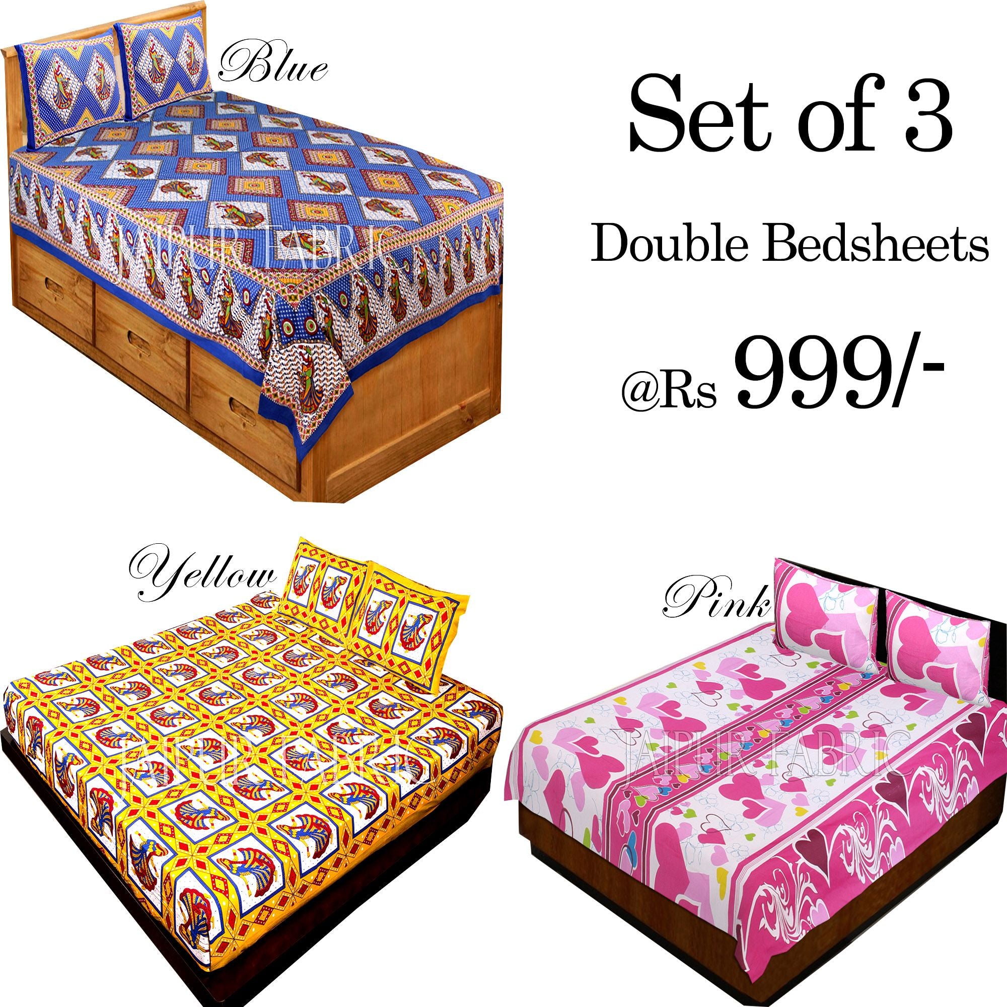 COMBO27 - Set of 3 Double Bedsheets with 6 Pillow Covers