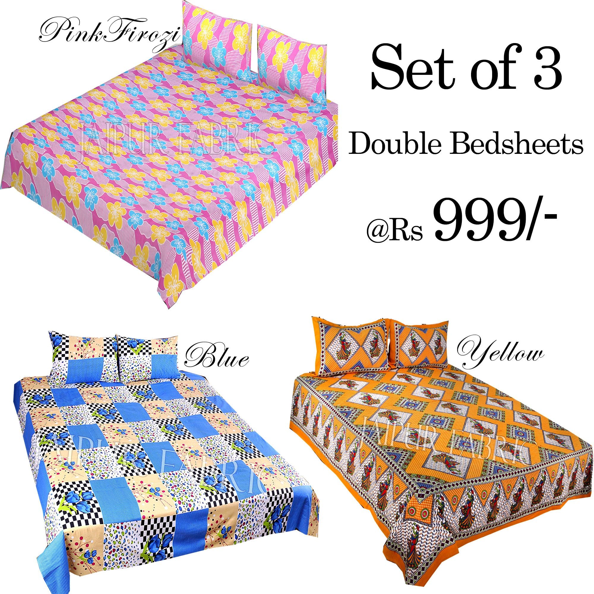 COMBO28 - Set of 3 Double Bedsheets with 6 Pillow Covers
