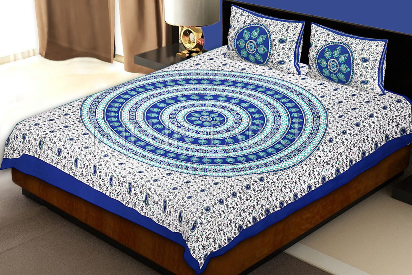 Blue Border White Base Paan Pattern Screen Print Cotton Double Bed Sheet