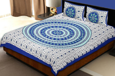 Blue Border White Base Paan Pattern Screen Print Cotton Double Bed Sheet