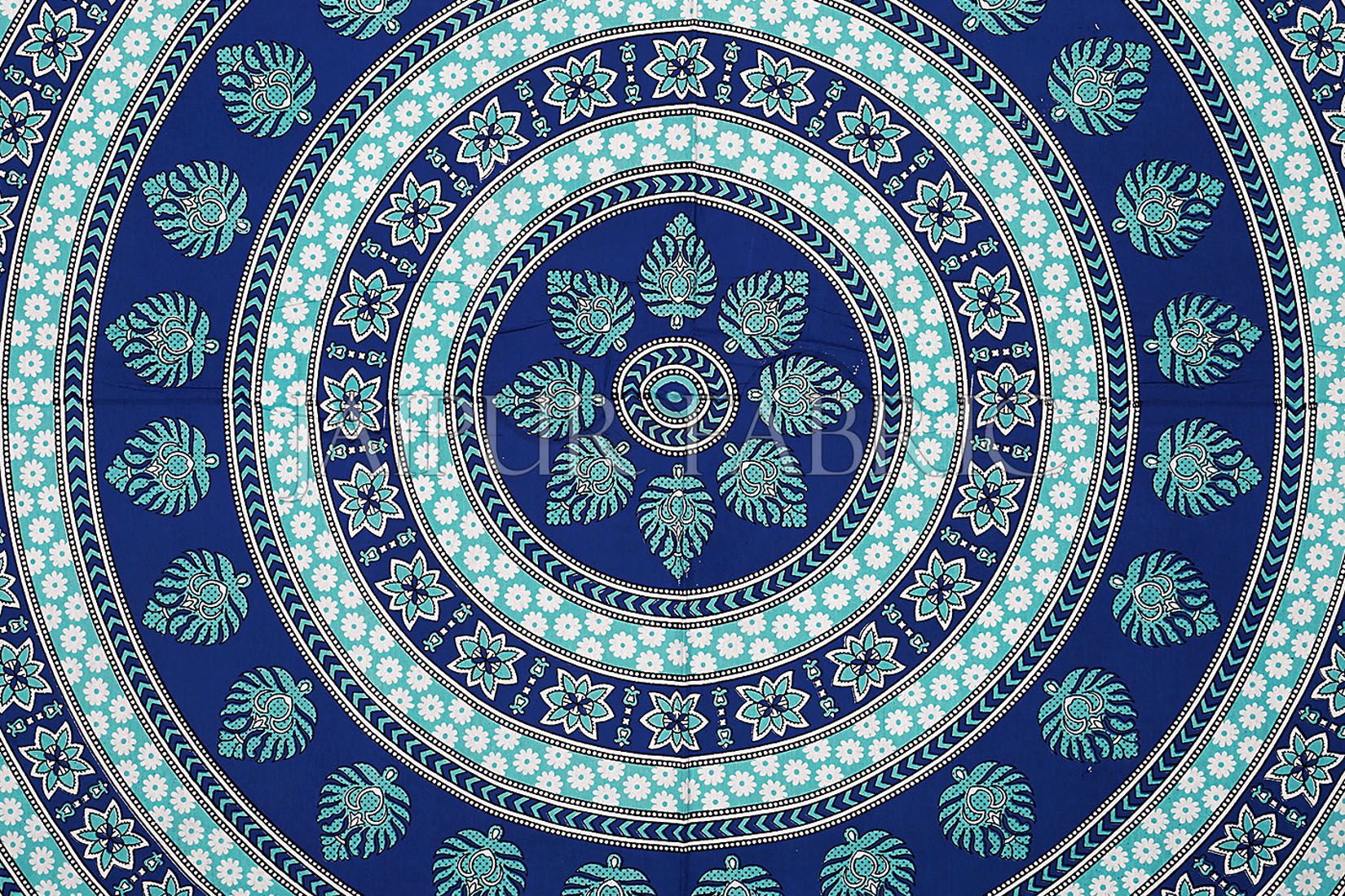 Blue Border White Base Paan Pattern Screen Print Cotton Double Bed Sheet