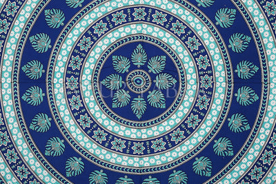 Blue Border White Base Paan Pattern Screen Print Cotton Double Bed Sheet