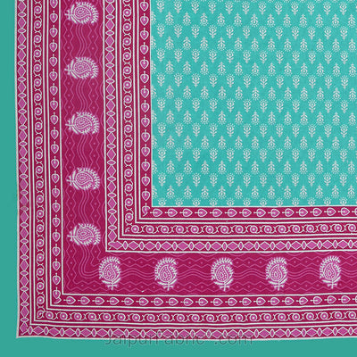 Green Border Leaf Pattern Screen Print Cotton Double Bed Sheet