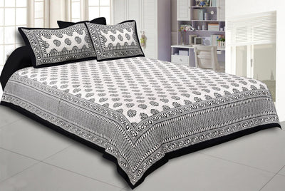 Black Border Cream Base Kerry Pattern Hand Block Print Super Fine Cotton Bed Sheet