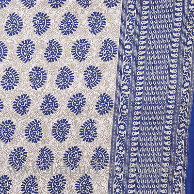 Blue Border  Cream Base Kerry Pattern Hand Block Print Super Fine Cotton Bed Sheet