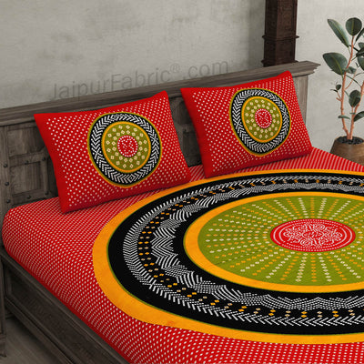 Double Bedsheet Red Green With Round Shape Bandhej Print
