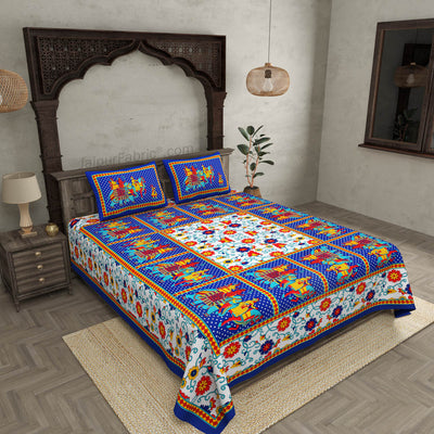Blue  Border Big Elephant Printed Cotton Double Bed Sheet