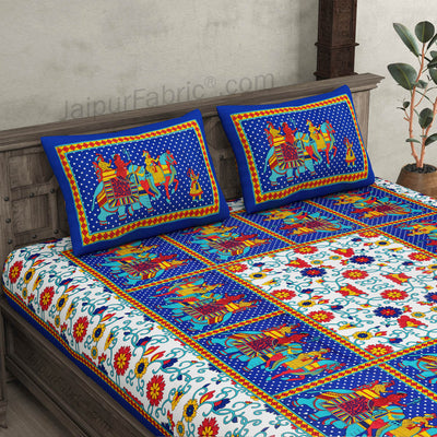 Blue  Border Big Elephant Printed Cotton Double Bed Sheet