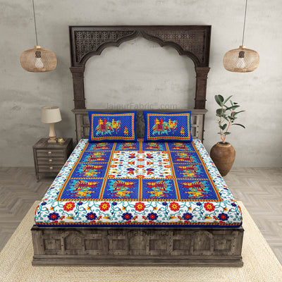 Blue  Border Big Elephant Printed Cotton Double Bed Sheet