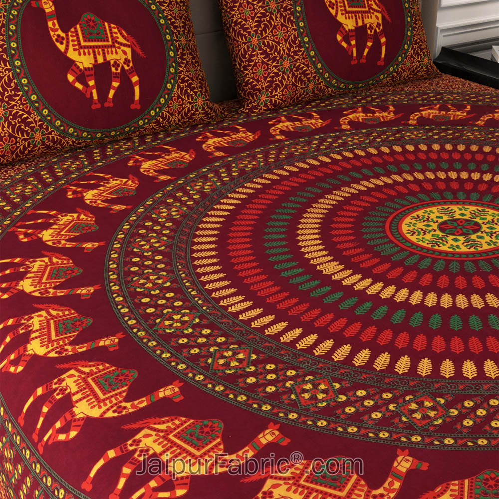 Maroon Camel Mandala Cotton Double Bedsheet