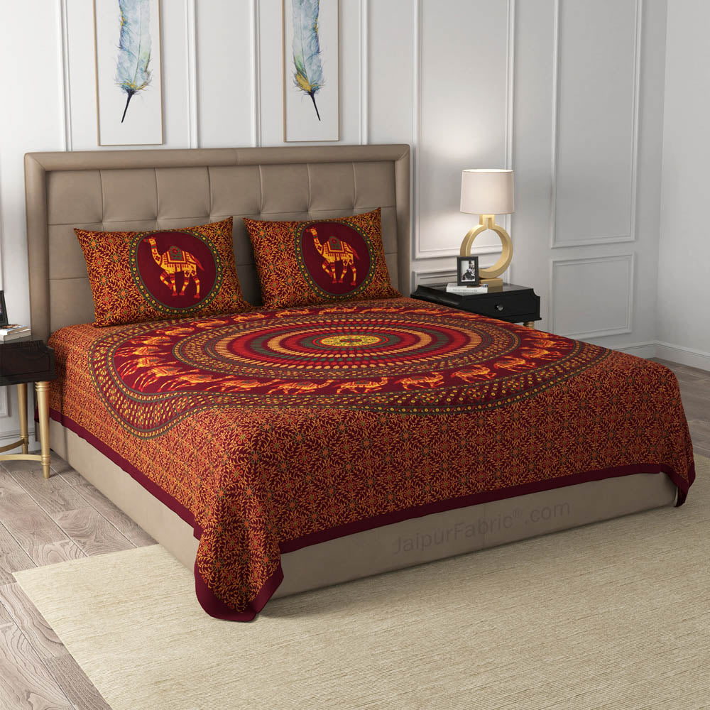 Maroon Camel Mandala Cotton Double Bedsheet