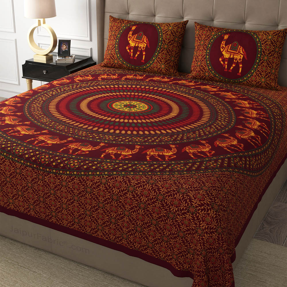 Maroon Camel Mandala Cotton Double Bedsheet
