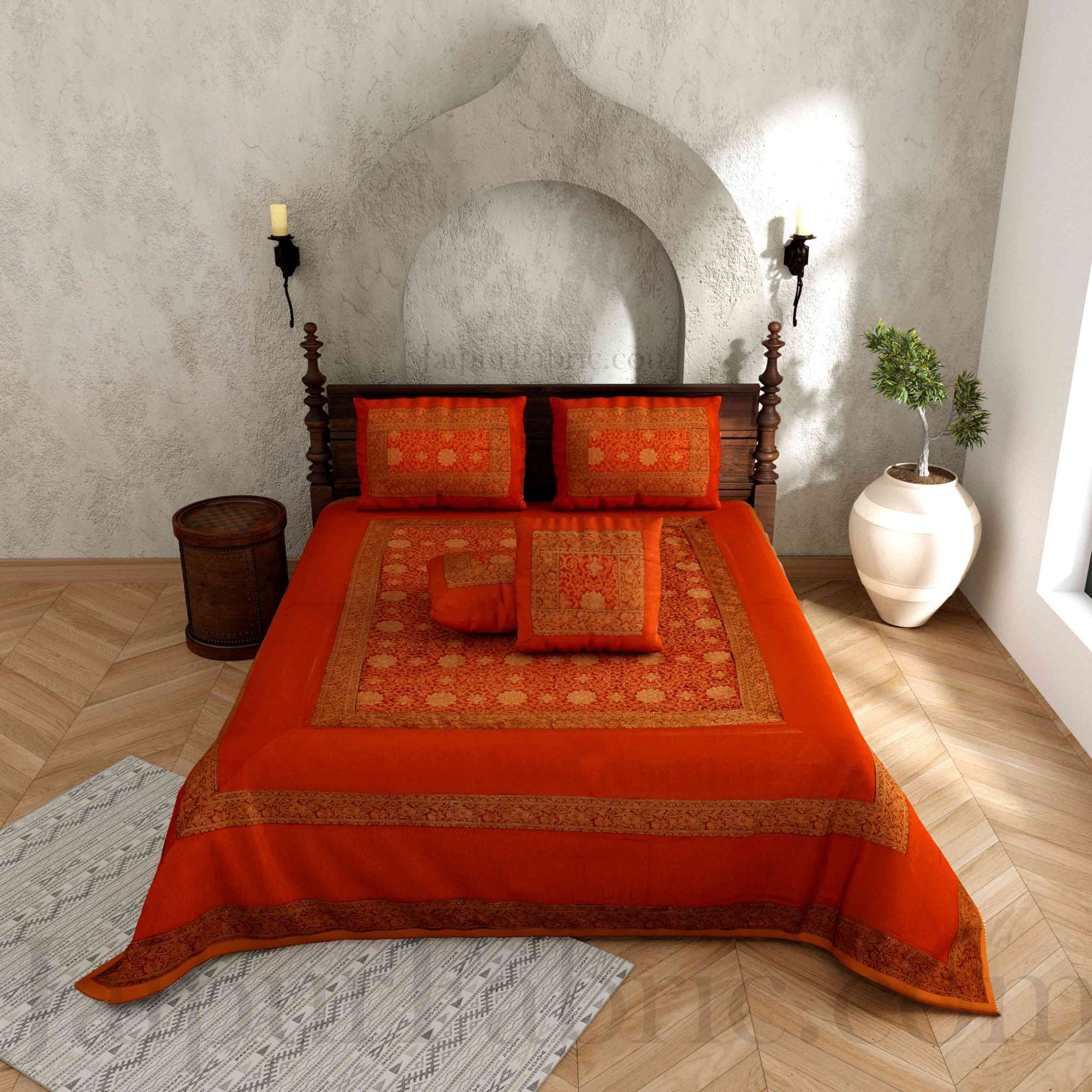 Brown Rajasthani Zari Embroidered Lace Work Silk Double Bed Sheet