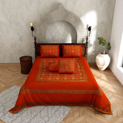 Brown Rajasthani Zari Embroidered Lace Work Silk Double Bed Sheet