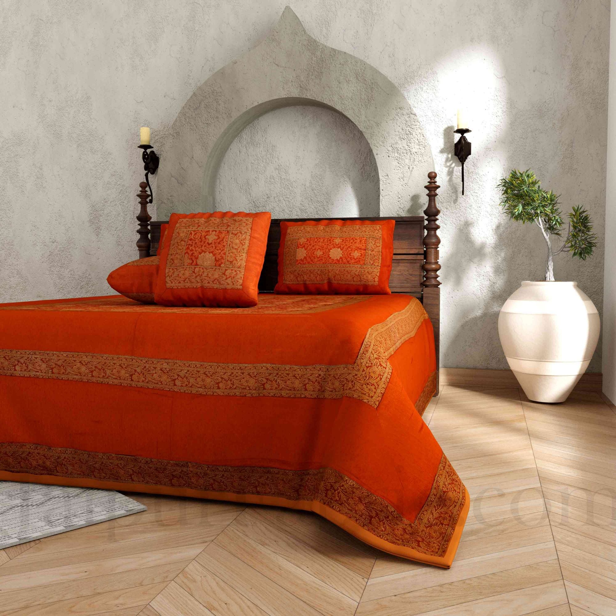 Brown Rajasthani Zari Embroidered Lace Work Silk Double Bed Sheet