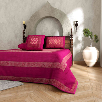 Maroon Rajasthani Zari Embroidered Lace Work Silk Double Bed Sheet